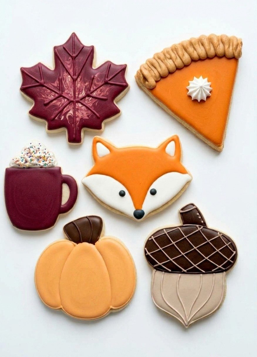 Six Pumpkin Patch Party themed sugar cookies: maple leaf, pie slice, fox, mug, pumpkin, and acorn